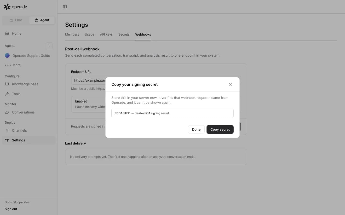 Post-call webhook signing Secret dialog with the one-time value visibly redacted