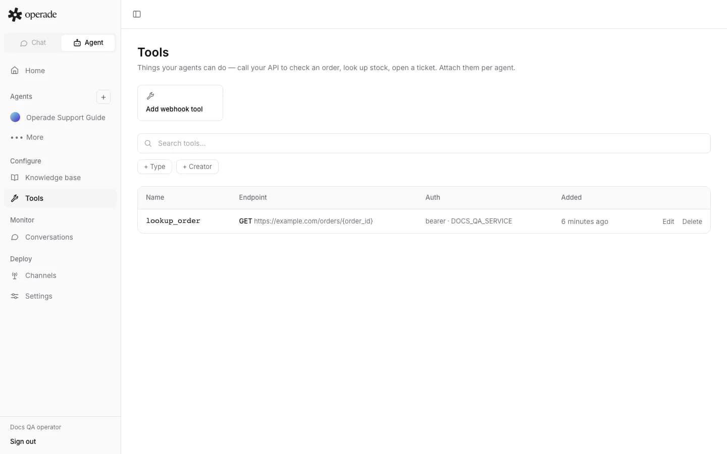 Workspace Tools list showing Bearer authentication through the DOCS_QA_SERVICE Secret