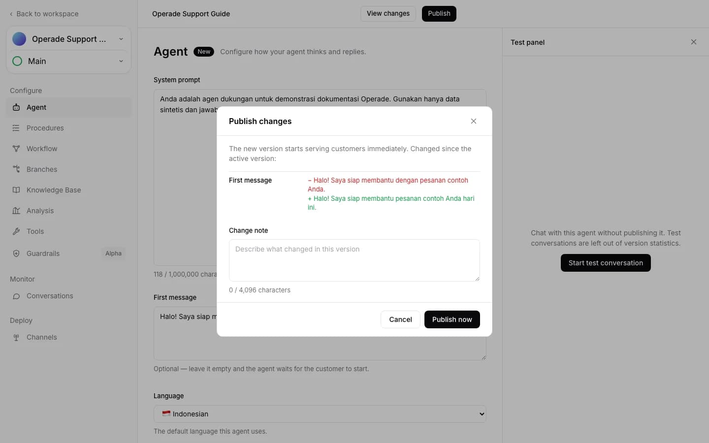 Publish review comparing the active and draft first messages before release