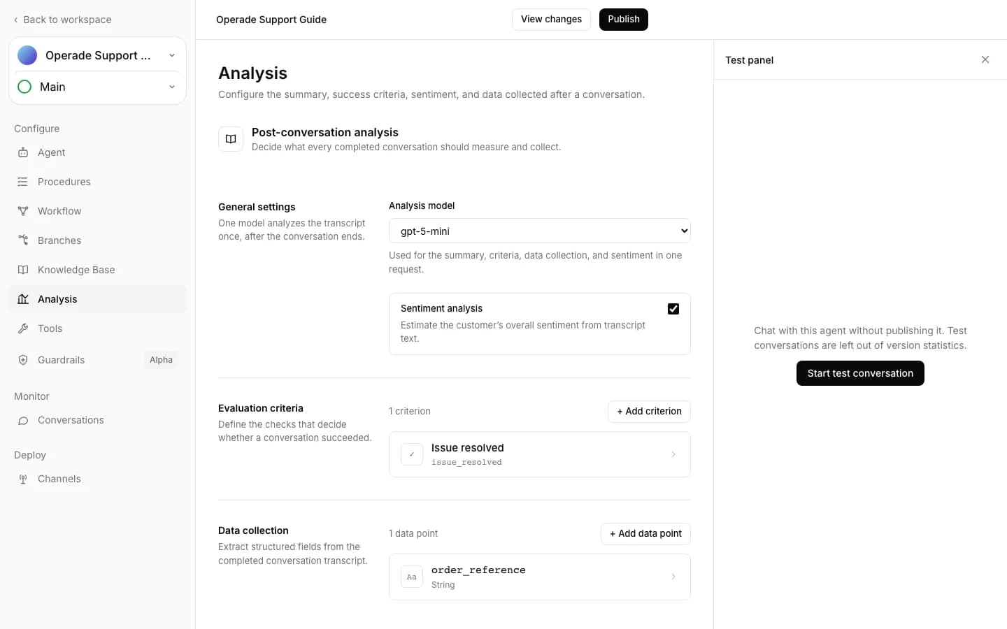 Analysis settings with sentiment, Issue resolved criterion, and order_reference data collection
