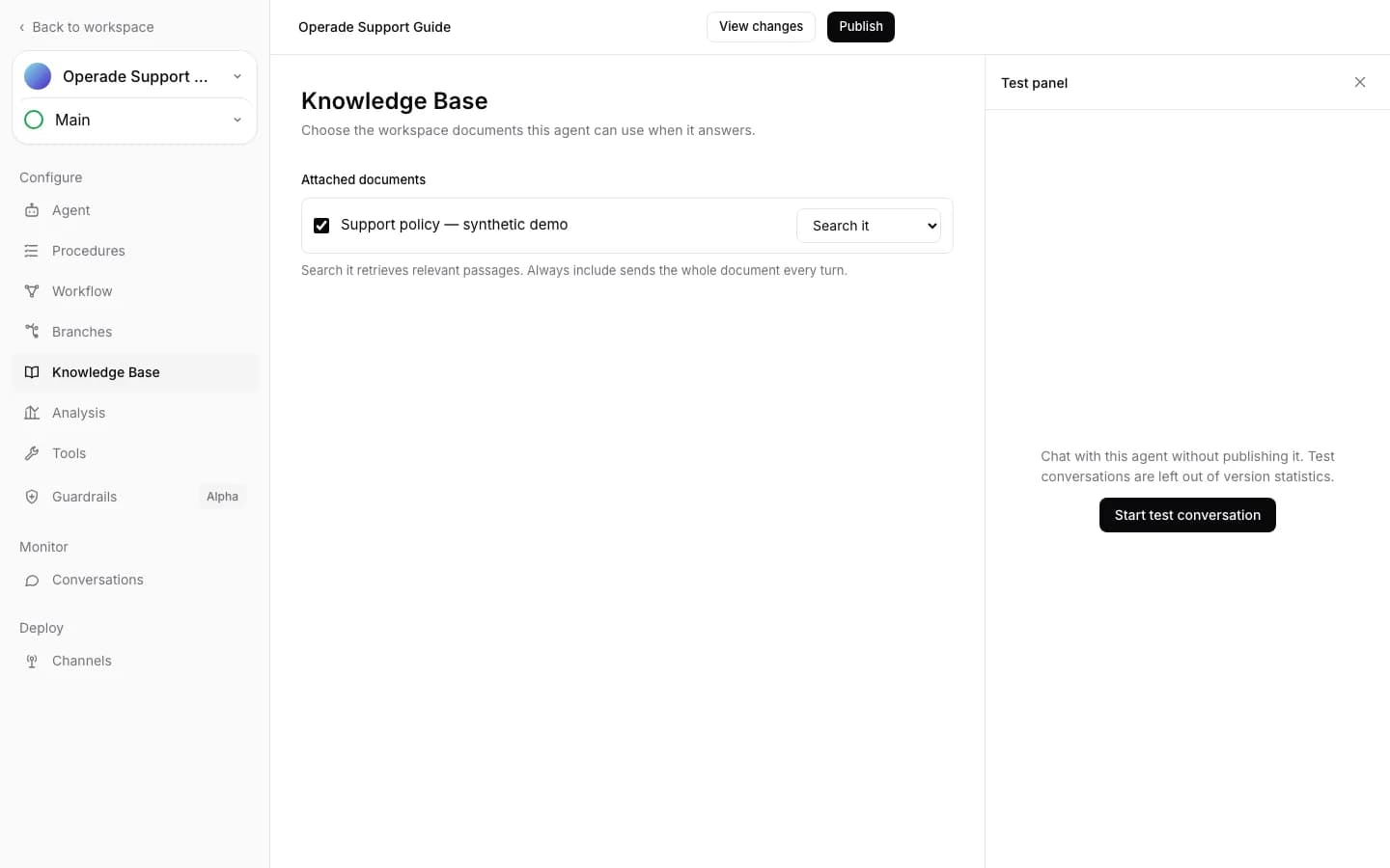 Agent Knowledge Base with a ready synthetic support document attached in Search it mode
