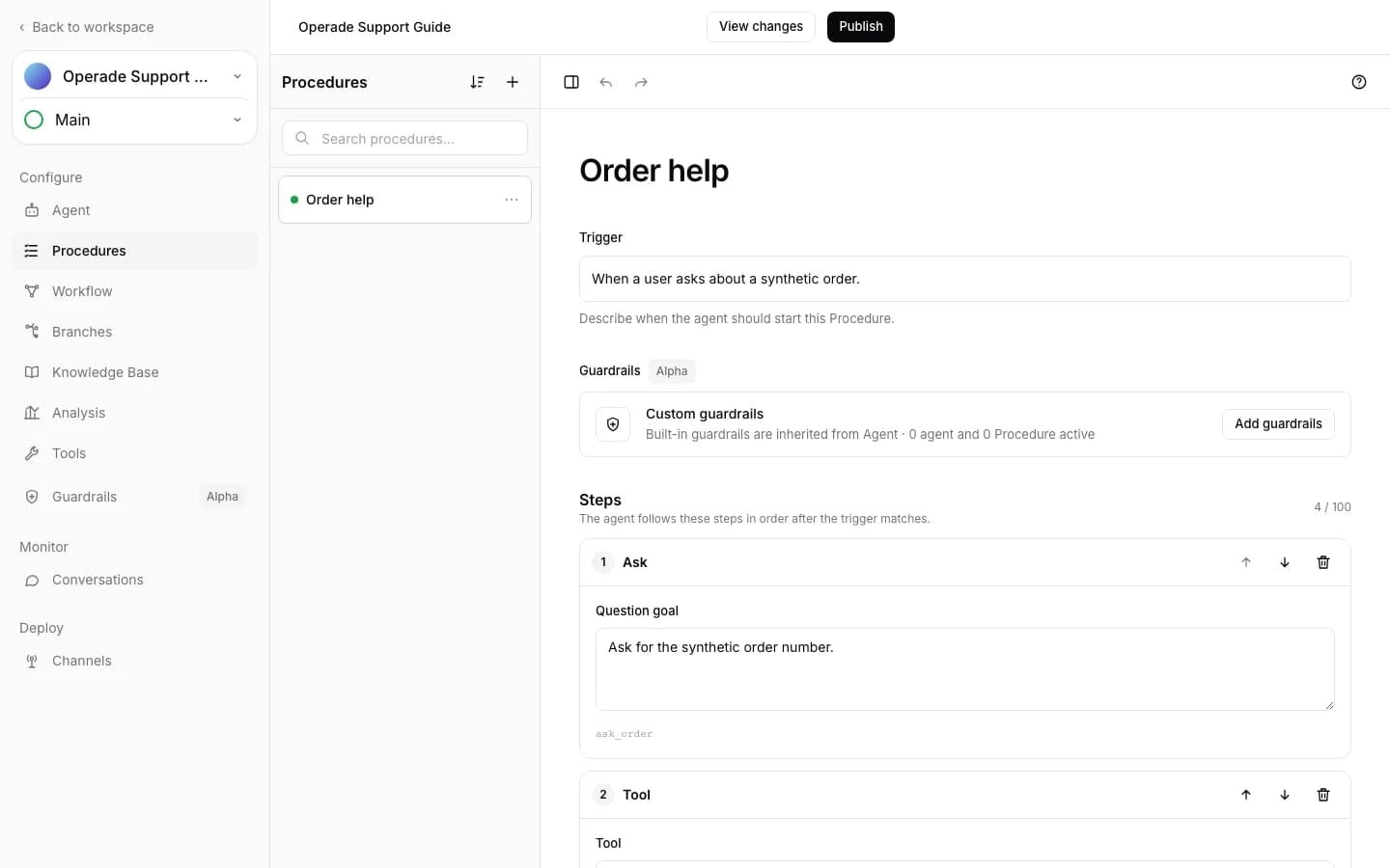 Structured Order help Procedure with its trigger and ordered Ask and Tool steps