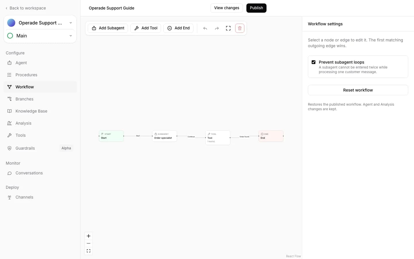 Workflow canvas connecting Start, Order specialist, Tool, and End nodes
